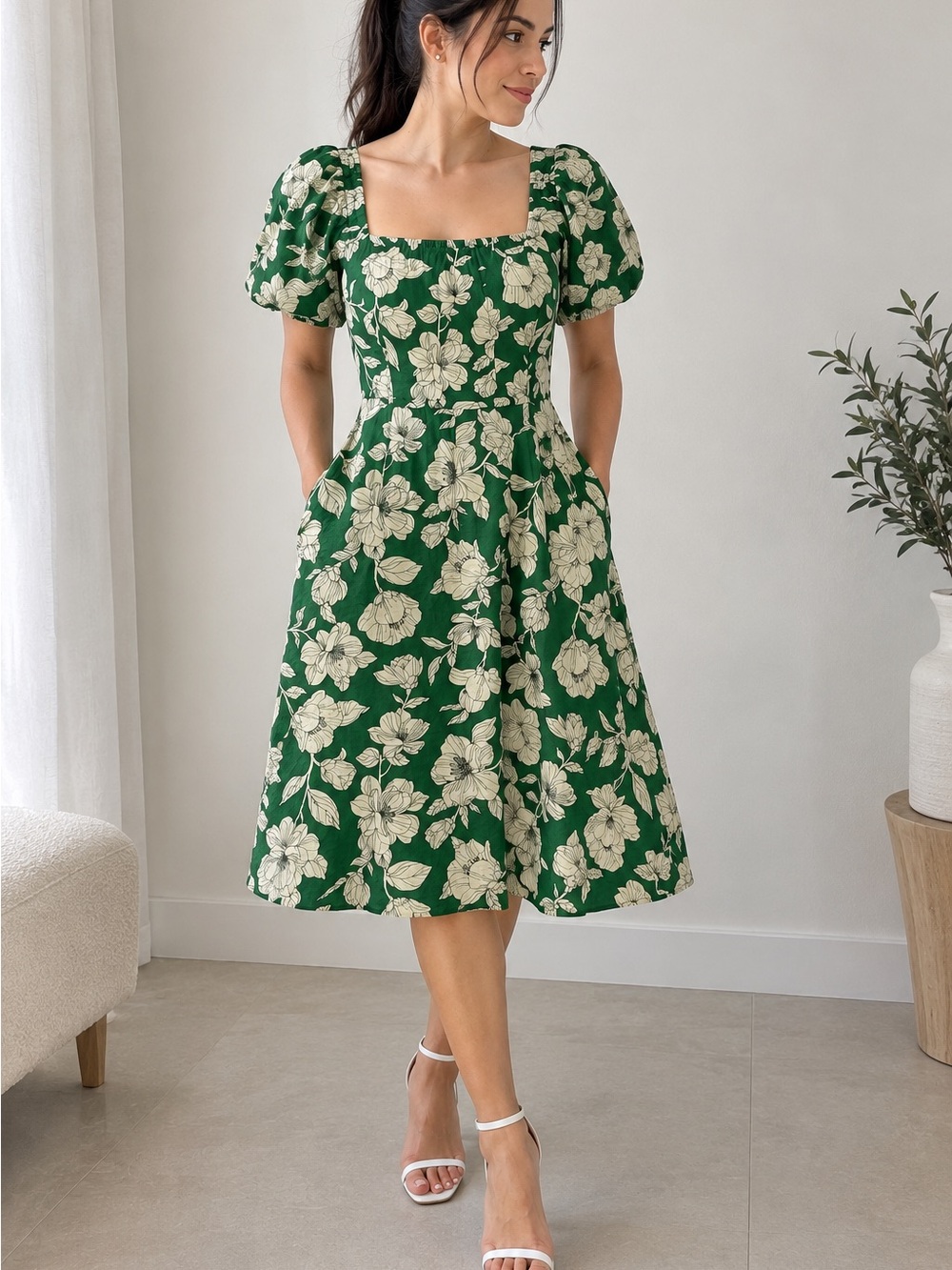 Floral Puff Sleeve Square Neck Dress Time and Tru XS